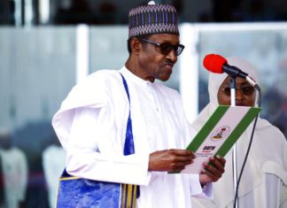 Nigerian President Muhammadu Buhari is sworn in for a second four-year term in Africa's most populous nation in Abuja, Nigeria, Wednesday May 29, 2019. (AP Photo)