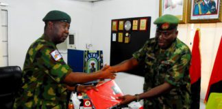 Col Sagir Musa being received by the commandant NASPRI, Col Mustapha Anka