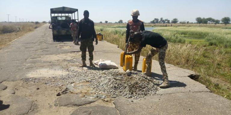 TOUCHING: Troops renovate road leading to Boko Haram hideout in Borno (Photos)