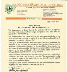 NUJ demands abducted journalist, Olatunji's release