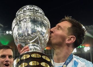 Argentina superstar Lionel Messi kisses 2021 Copa America cup