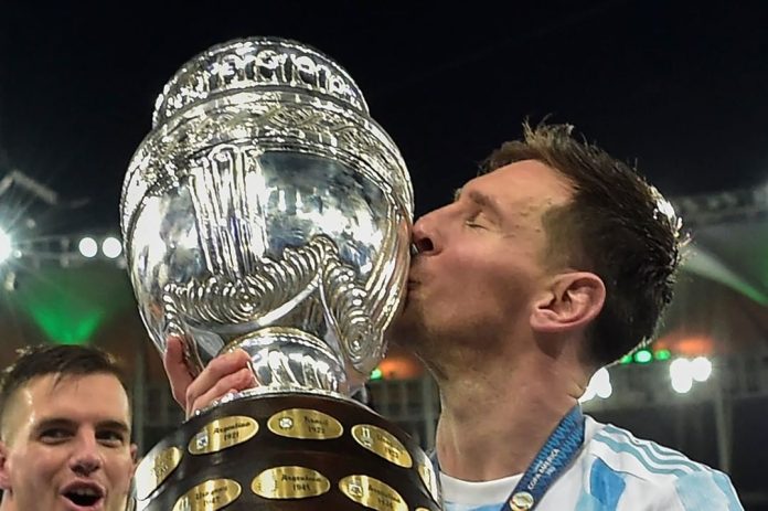 Argentina superstar Lionel Messi kisses 2021 Copa America cup