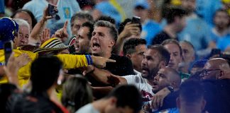 Uruguay players fight Colombia fans