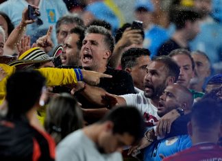 Uruguay players fight Colombia fans