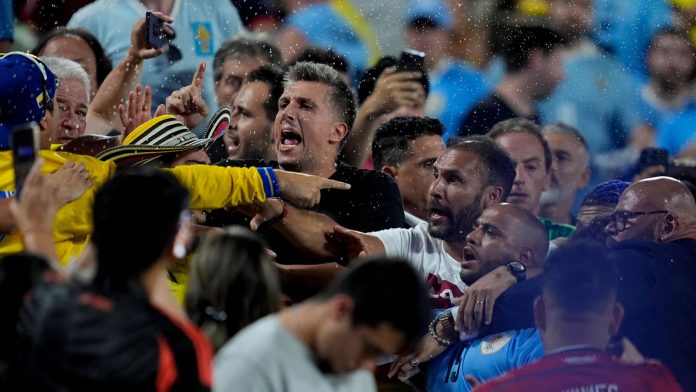 Uruguay players fight Colombia fans