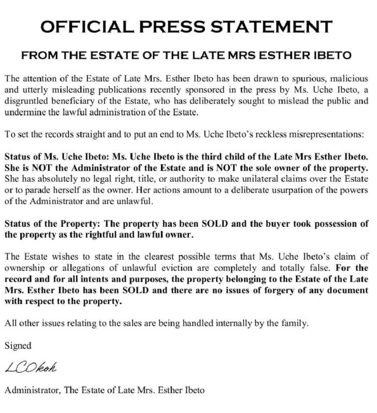 Uche Ibeto’s claim of ownership of property, unlawful eviction, totally false – Family