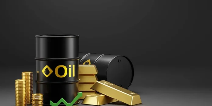 oil-barrels-gold-bars-and-coins-with-an-upward-green-arrow-on-a-dark-background